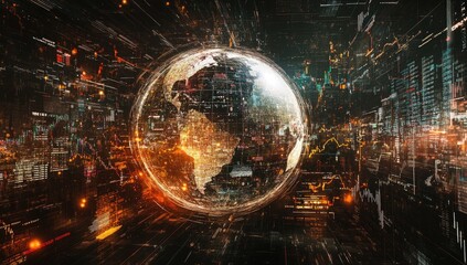A digital globe, surrounded by a swirling vortex of data streams and city lights, representing global interconnectedness and technology