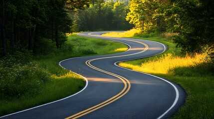 Drive through serene winding road amidst lush green forest landscape in the morning sunlight