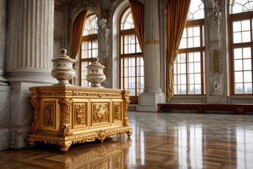 Ornate gold cabinet in a grand palace ballroom