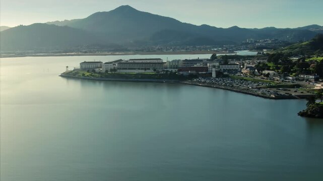 Aerial view of San Quentin Rehabilitation Center, a California state prison for men, located north of San Francisco in the USA, on a sunny day.