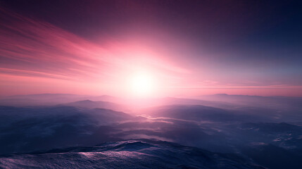 Fototapeta premium Mountain peak against a bright pink sky at dusk creating a stunning and dreamy landscape scene
