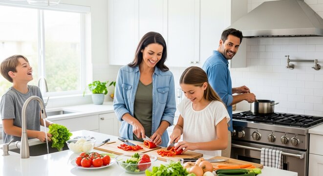Joyful family bonding time while preparing a fresh vegetable meal together in a bright, modern kitchen at home. - Powered by Adobe