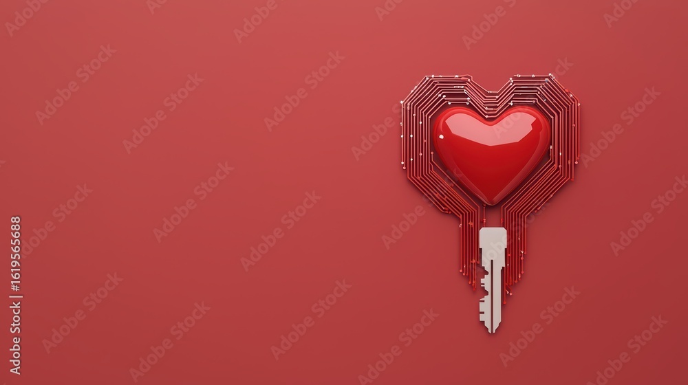 Aufkleber digital heart with key design on red background