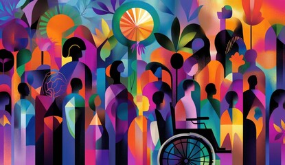 Diverse crowd, vibrant colors, abstract figures, and stylized shapes.  A multitude of people, various ages and backgrounds, depicted in a colorful, geometric style.