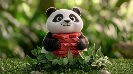 Cute Panda with Stacked Red Boxes Surrounded by Green Foliage