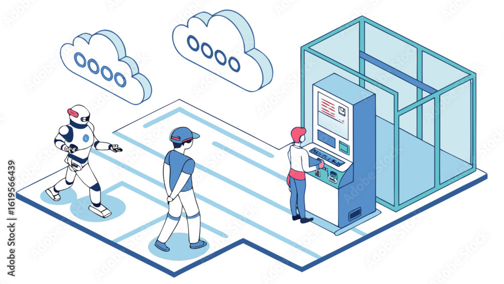 Poster isometric illustration of a robot and people interacting with a machine in a mazelike environment, r