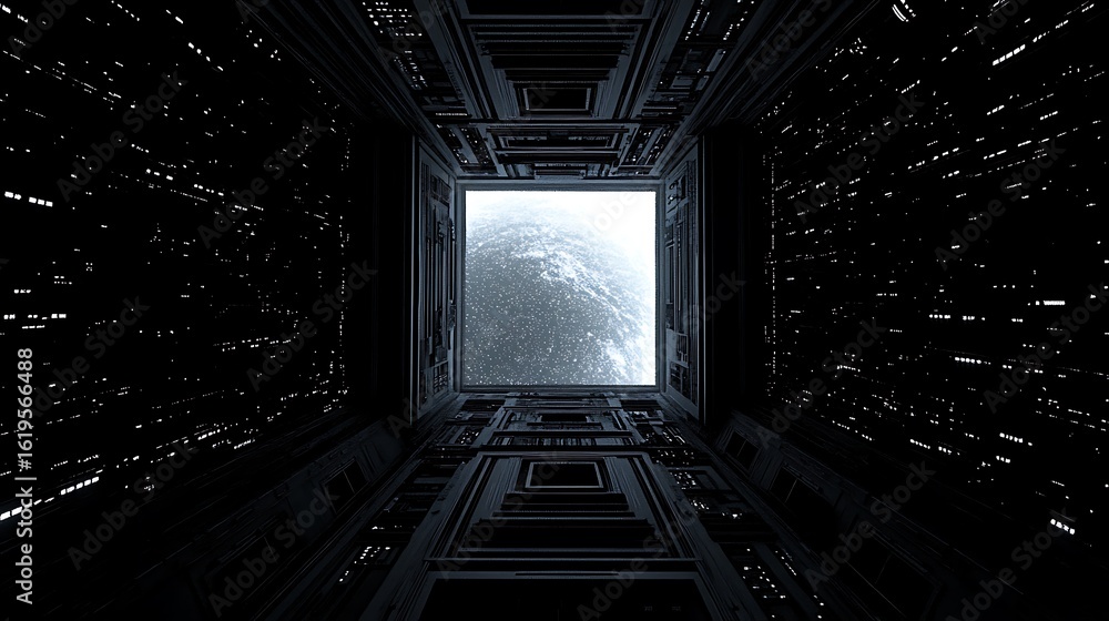 Poster dark, futuristic architecture with a window to space.