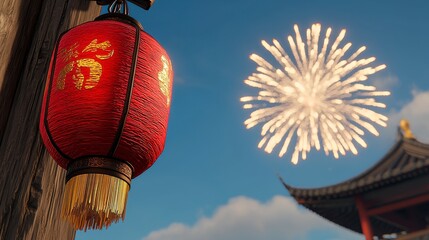 Vibrant Red Lantern Under Fireworks in a Festive Night Sky