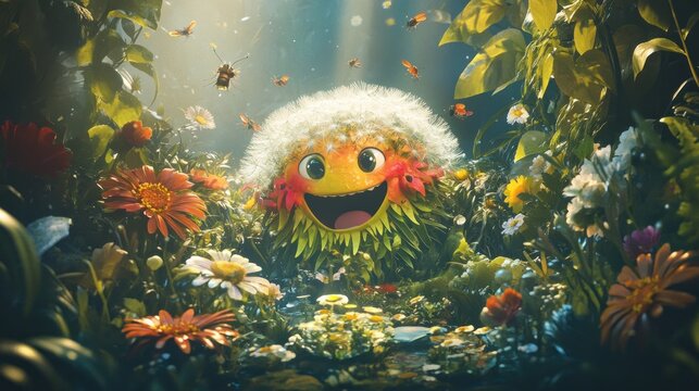Fototapeta Cheerful dandelion character in a vibrant flower garden, surrounded by butterflies and sunlight.