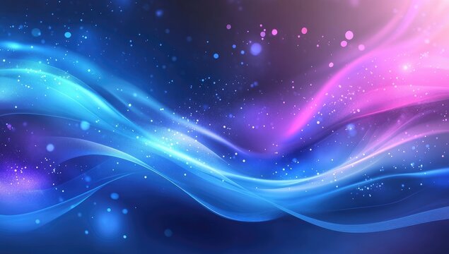 Abstract swirling waves of vibrant blue and pink, with scattered light points