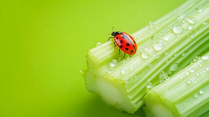 Vibrant ladybug perched on fresh celery stalks glistening with water drops against bright green backdrop
