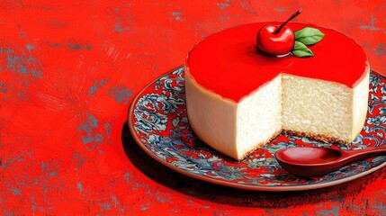 Delicious Cheesecake with Cherry Topping on Vibrant Red Background