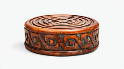 Decorative Round Wooden Box with Intricate Geometric Patterns