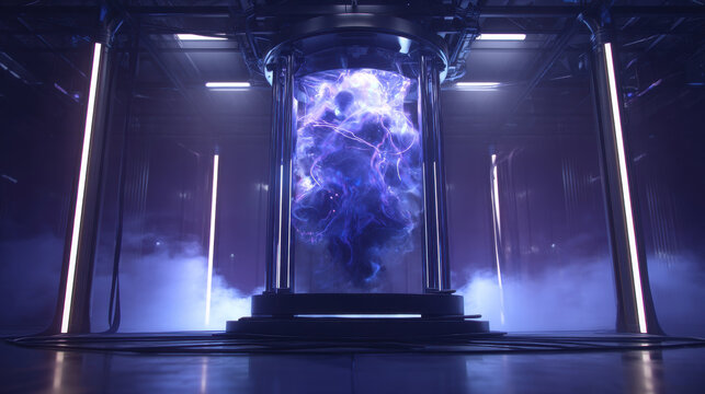 Antimatter Engine, An antimatter containment unit, with swirling, iridescent energy particles visible inside, The background is a dark purple. This scene symbolizes ultimate power.