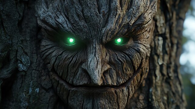 Mysterious tree spirit watching closely with glowing green eyes in the forest, nature's ancient guardian