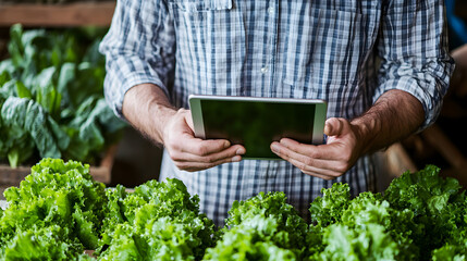 Person holding tablet checking farm produce