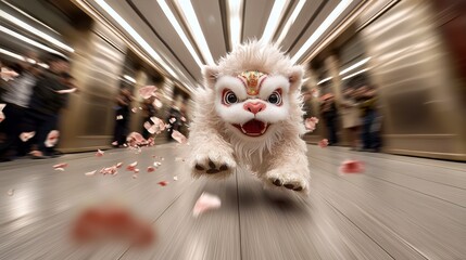 Playful Lion Dance Costume Running Through Busy Urban Hallway