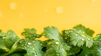 Fresh cilantro glistening with water droplets against vibrant yellow backdrop for summer recipe promotions