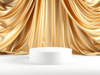Empty white pedestal on a stage with luxurious gold curtains