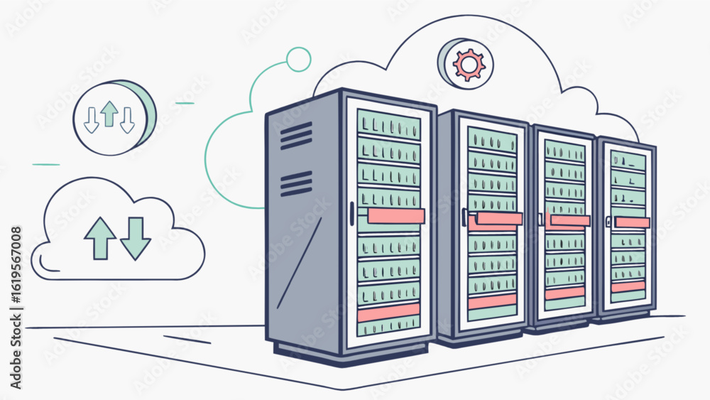 Poster illustration of a data center with servers, cloud computing, and networking equipment, showcasing th