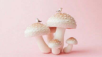 Adorable mushroom family with tiny birds for whimsical design projects, delicate and elegant artwork, spring