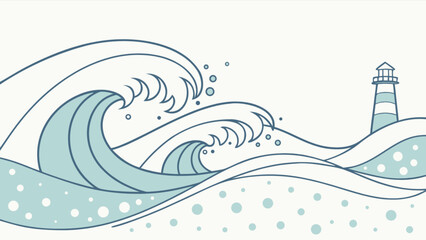 Illustration of ocean waves and a lighthouse, representing nature, travel, and coastal scenery isolated on white background the design features a modern, flat style with line art