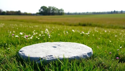 Large white stone sits in a lush green field with wildflowers and trees in the background
