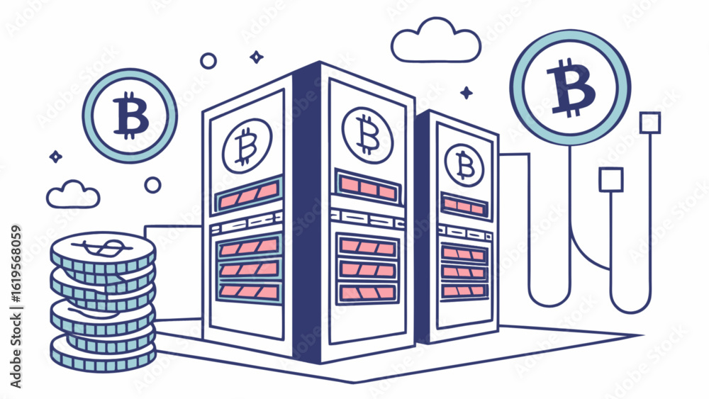 Aufkleber bitcoin mining server farm with digital cryptocurrency, showcasing blockchain technology, virtual mo