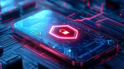Cybersecurity shield padlock glowing on sleek smartphone, digital protection for modern technology era
