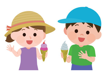 アイスクリームを食べる男の子と女の子　イラスト