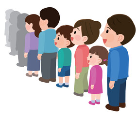 行列に並ぶ笑顔の人々　イラスト