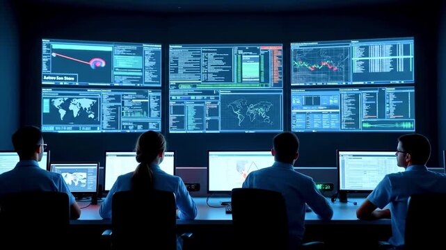 Team of professionals monitoring multiple screens in a high-tech control room, analyzing data trends
