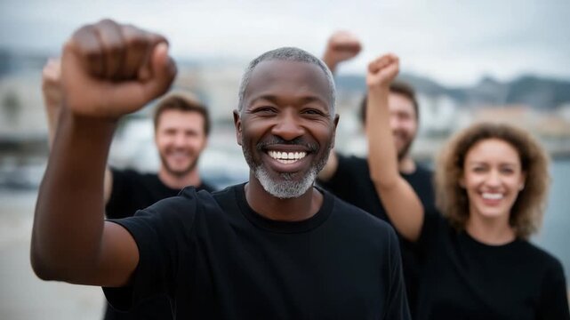 Group of diverse volunteers celebrating in matching shirts. Joyful and uplifting scene ideal for community work, charity events, teamwork, and social impact content.