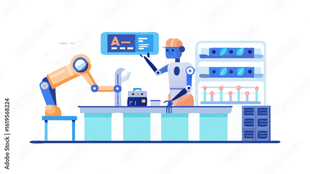 Poster robot automation in manufacturing industry with robotic arm and factory worker for industrial proces
