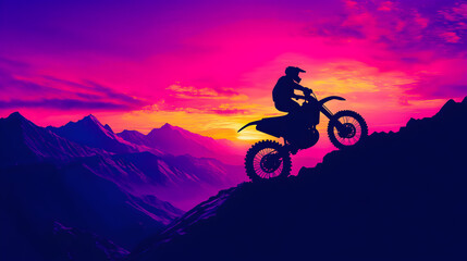 Naklejka premium Motocross rider silhouette sunset mountain jump