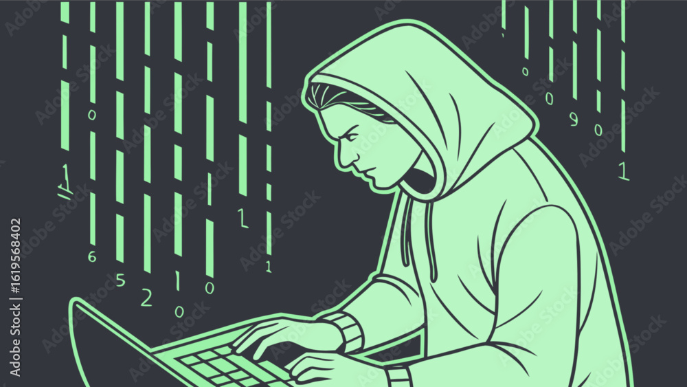 Poster a hacker in a hoodie is typing on a laptop, with binary code falling in the background, representing