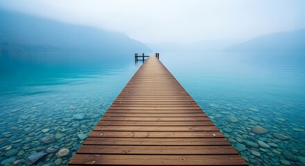 Fototapeta premium Wooden pier stretching into calm turquoise lake on a misty morning