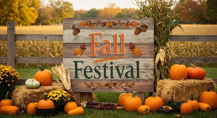 Fall festival sign with pumpkins and decorations