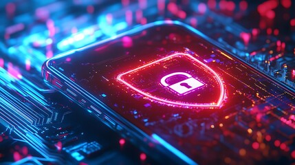 Cybersecurity shield glows on phone screen, protecting digital data with vibrant neon tech security