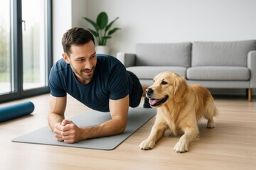 Man doing plank exercise on yoga mat at home with golden retriever dog beside him in bright cozy living room, enjoying time together indoors. Ai generative