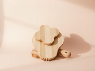 Two wooden animal toys a dog and a sheep on a soft pink background with dappled light