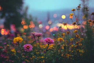 Floral field at twilight, city lights blurred