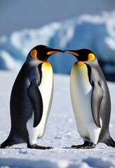 Fototapeta premium Pair of penguins touching beaks in snow