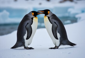 Obraz premium Pair of penguins touching beaks in snow
