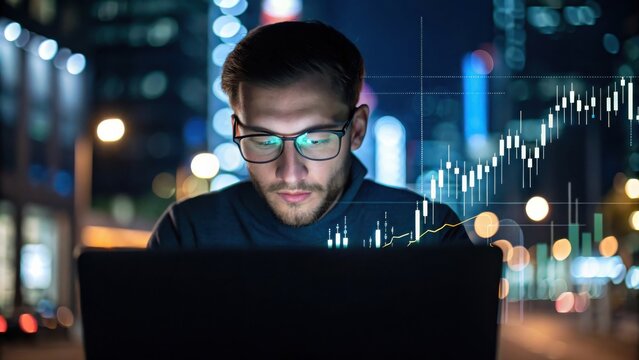 Man in glasses working on laptop with city lights and stock chart overlay