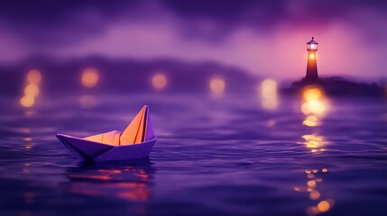 Dreamy paper boat sailing towards a glowing lighthouse under a violet sky, promising adventure and hope