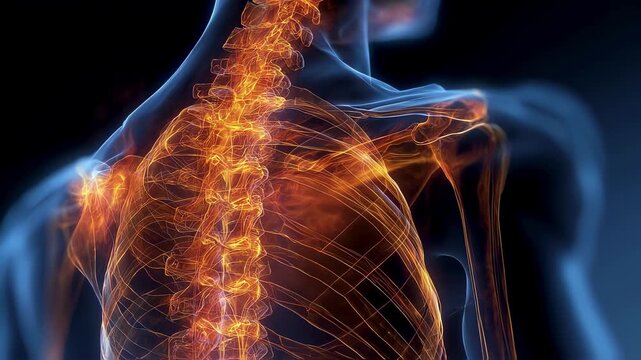 Dynamic ember flames overlay on medical illustration of rigid skeletal muscles representing hyperthermia and dopamine blockade in neuroleptic malignant syndrome.