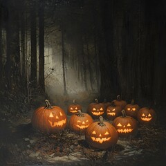 Photo of glowing jack-o'-lanterns in a dark forest, creating a spooky and mysterious Halloween atmosphere