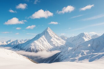 Obraz premium Majestic snow-covered mountain landscape under clear blue sky with fluffy clouds and soft light casting shadows on white peaks and valleys.