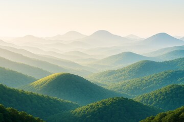 Fototapeta premium Peaceful sunrise over misty green mountain landscape with soft light and atmospheric depth in natural forest environment. Ai generative.